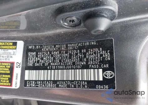 2018 Toyota Camry Se from USA, damaged, VIN 4T1B11HK6JU010197